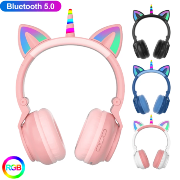 TEQ Cute Kids Headphones Pink Glowing LED Wireless Unicorn Headphone TEQ Cute Kids Headphones Pink Glowing LED Wireless Unicorn Headphone